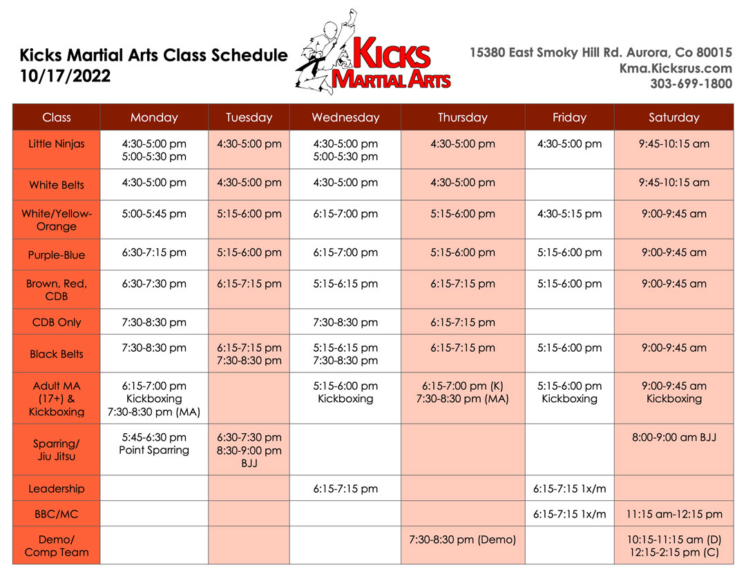 Kick's Martial Arts Schedule